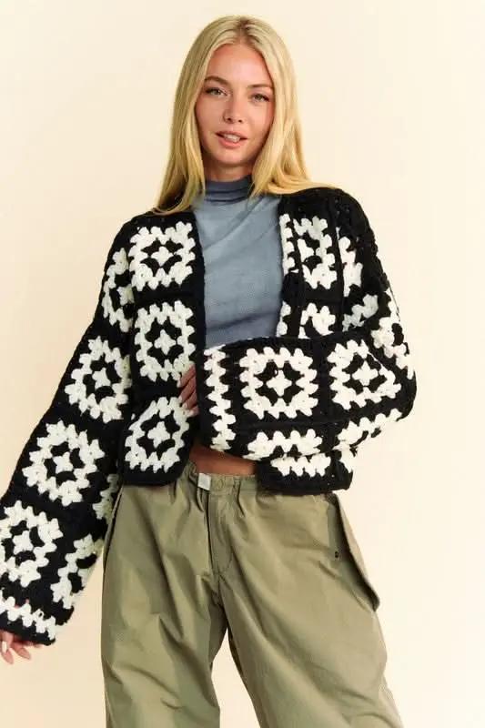 Davi & Dani Full Size Two Tone Flower Square Crochet Open Front Cardigan - Love Salve